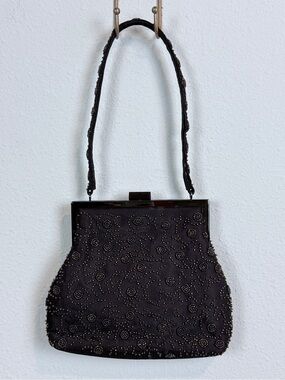 Franchi Dark Brown Beaded Clamshell Clasp Eveningwear Purse